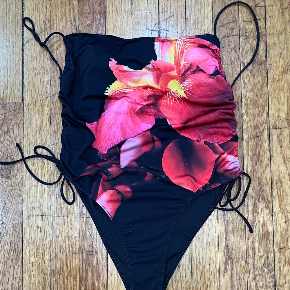 Zara Black One-Piece Swimsuit with Pink Floral Print